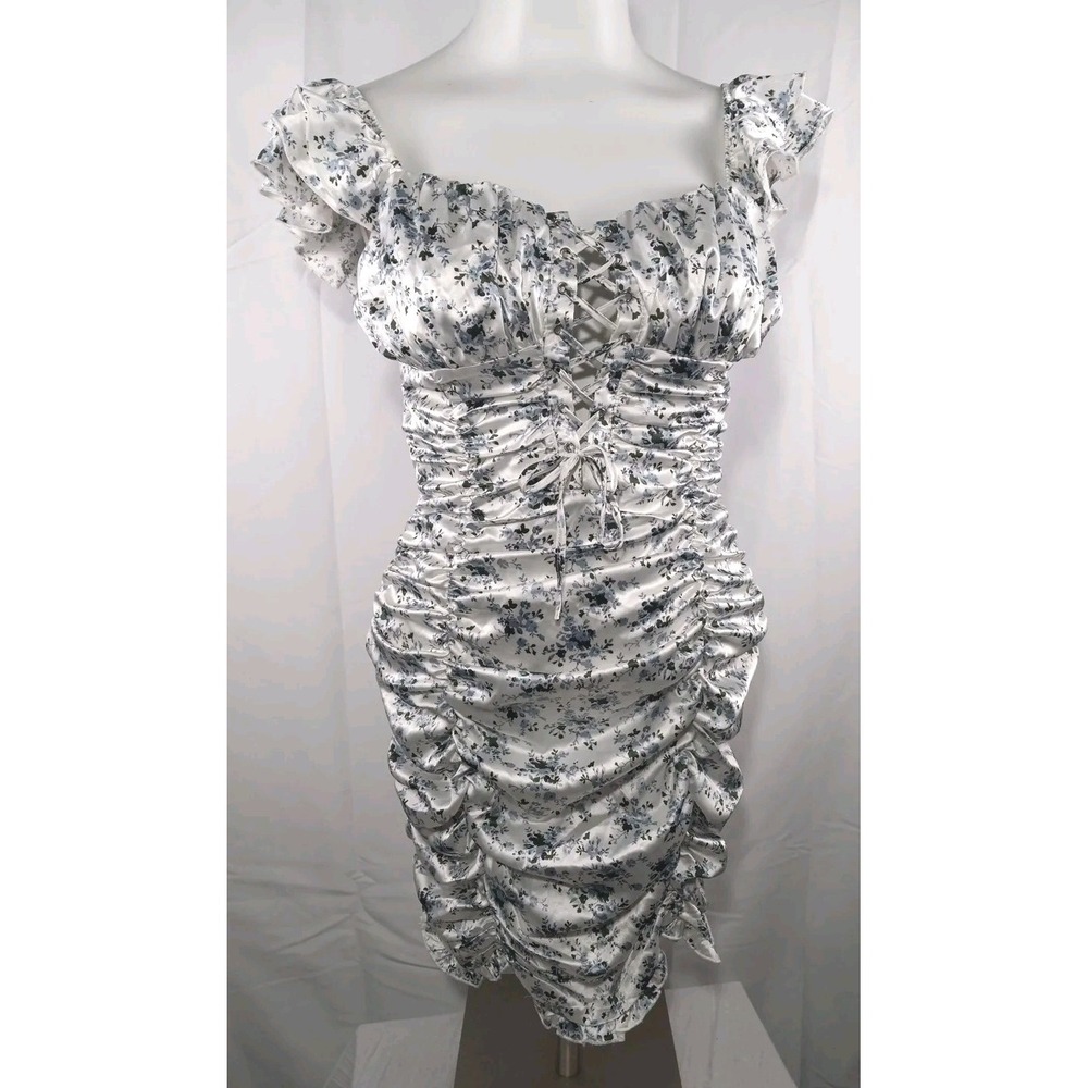 prettylittlething Womens White Floral Satin Ruched Bardot Bodycon Dress Size 10